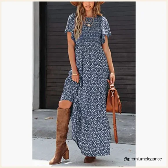 Flutter Sleeve Smocked Maxi Dress Tiered Floral Boho Summer Casual - Picture 2 of 7